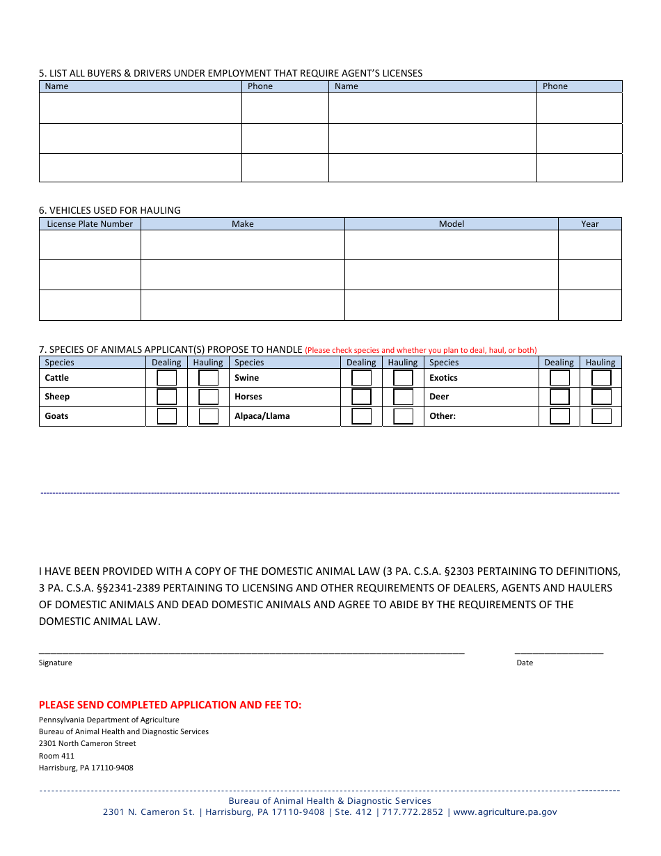 Application for Domestic Animal Dealer and Hauler License - Pennsylvania, Page 2