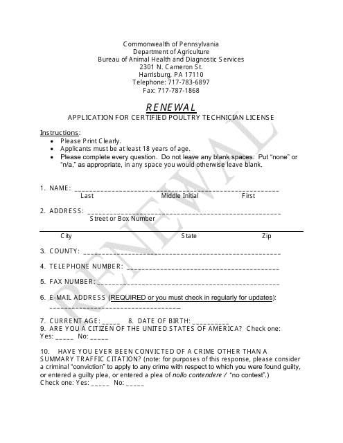 Application for Certified Poultry Technician License Renewal - Pennsylvania Download Pdf