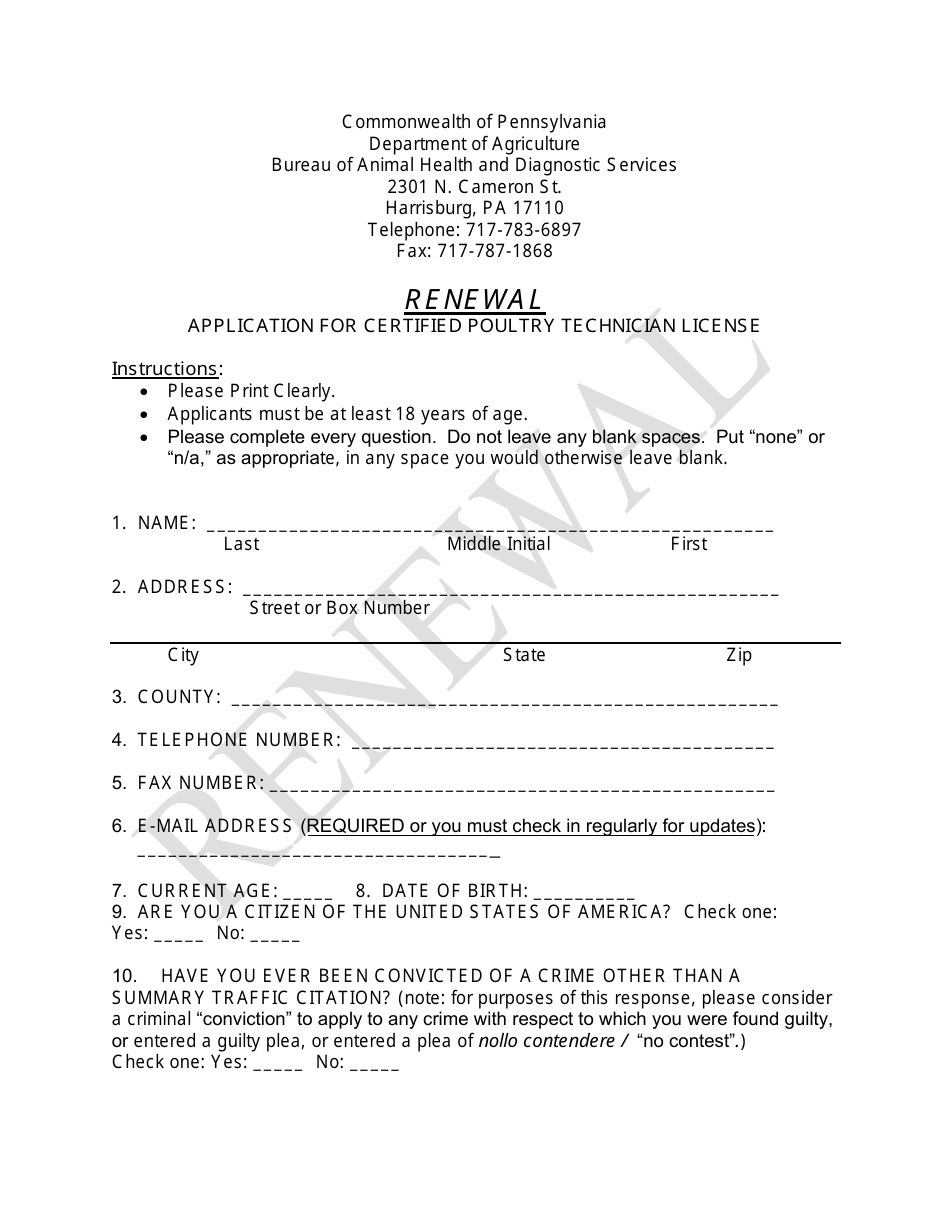 Application for Certified Poultry Technician License Renewal - Pennsylvania, Page 1