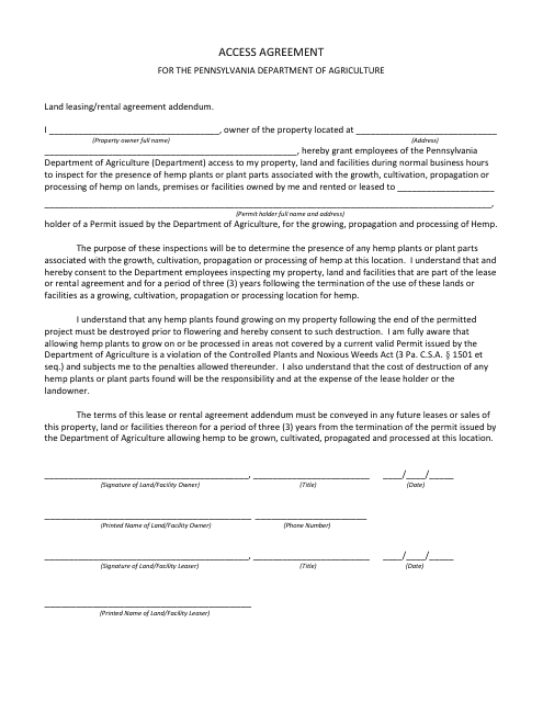 Access Agreement for the Pennsylvania Department of Agriculture - Pennsylvania