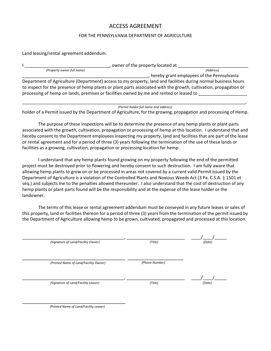 Access Agreement for the Pennsylvania Department of Agriculture - Pennsylvania, Page 1