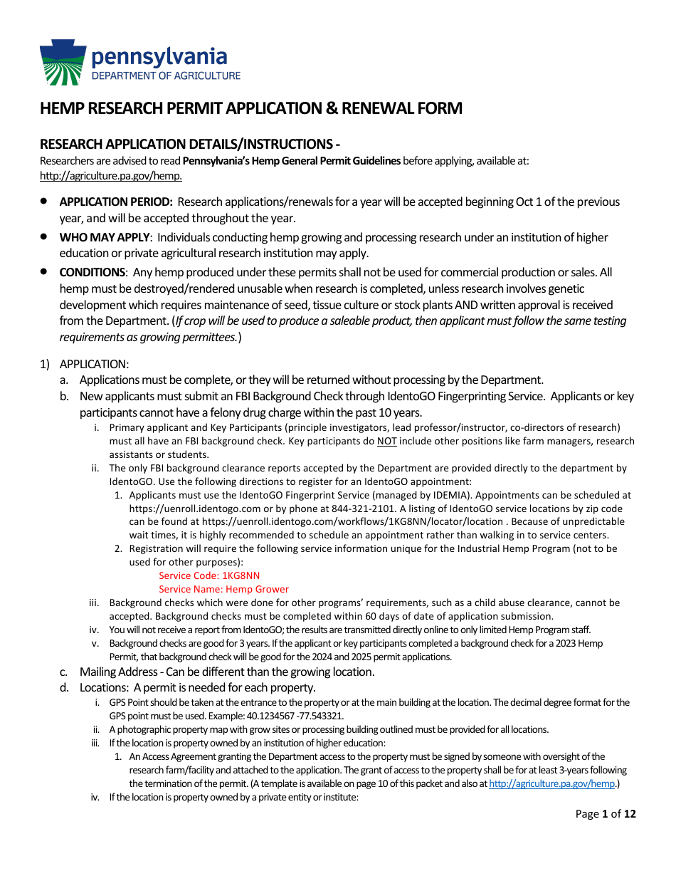 Hemp Research Permit Application  Renewal Form - Pennsylvania, Page 1