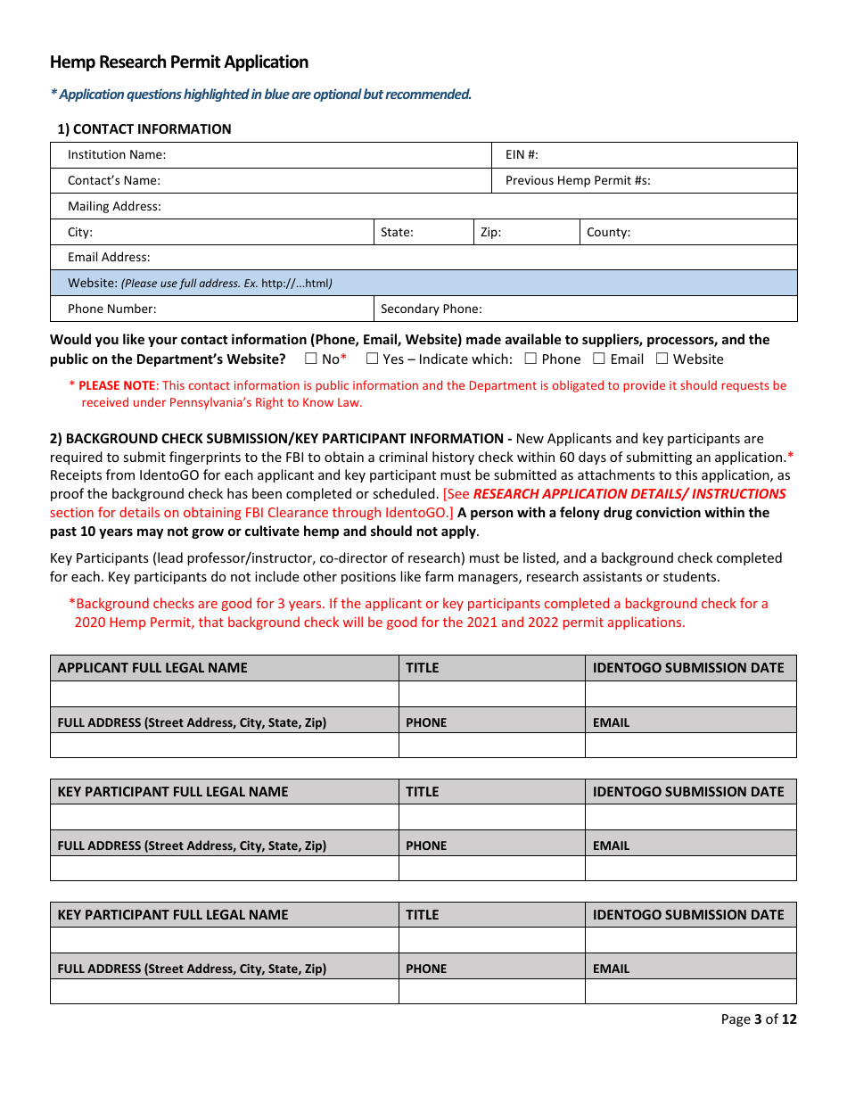 Hemp Research Permit Application  Renewal Form - Pennsylvania, Page 3
