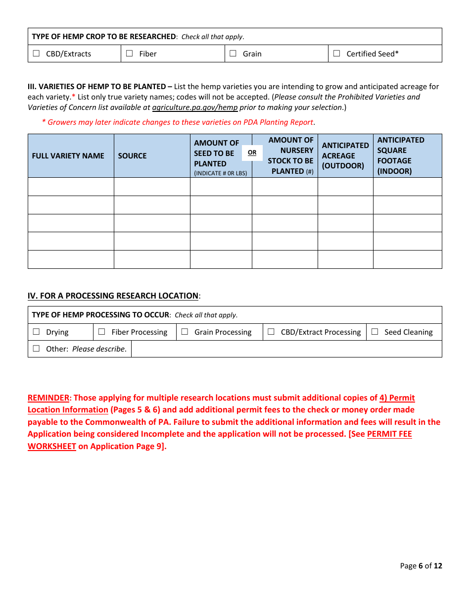 Hemp Research Permit Application  Renewal Form - Pennsylvania, Page 6