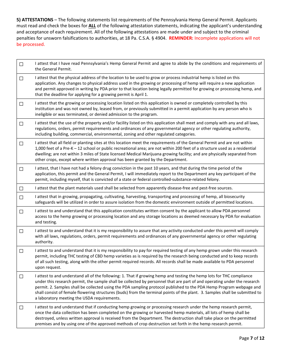 Hemp Research Permit Application  Renewal Form - Pennsylvania, Page 7