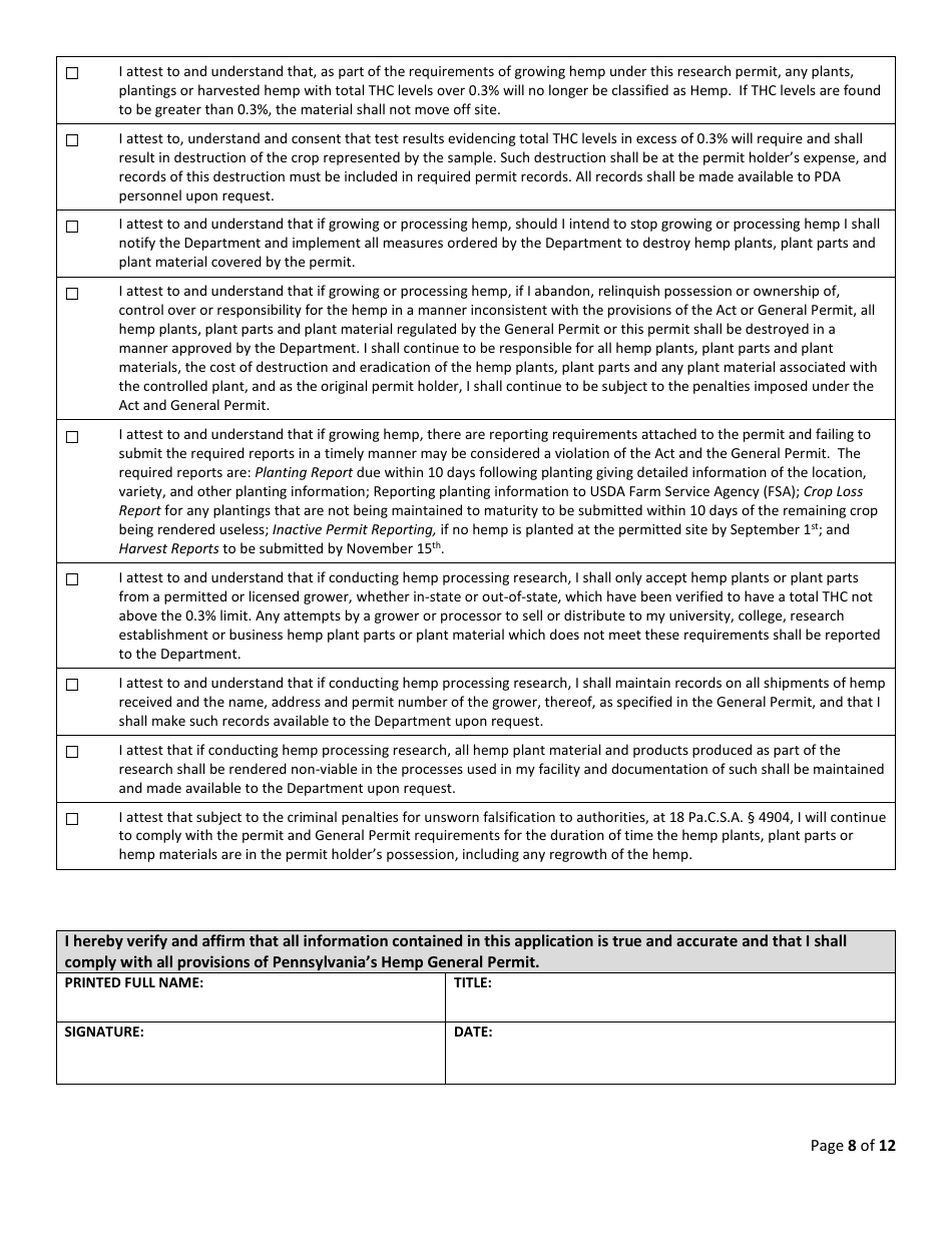Hemp Research Permit Application  Renewal Form - Pennsylvania, Page 8