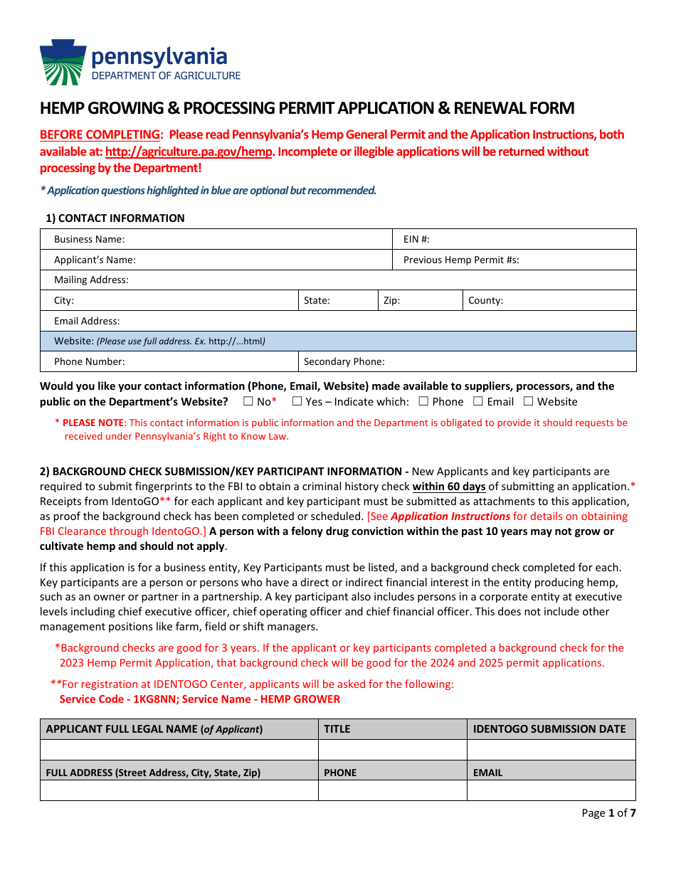 Hemp Growing  Processing Permit Application  Renewal Form - Pennsylvania, Page 1