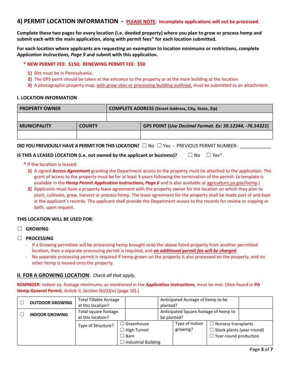 Hemp Growing  Processing Permit Application  Renewal Form - Pennsylvania, Page 3
