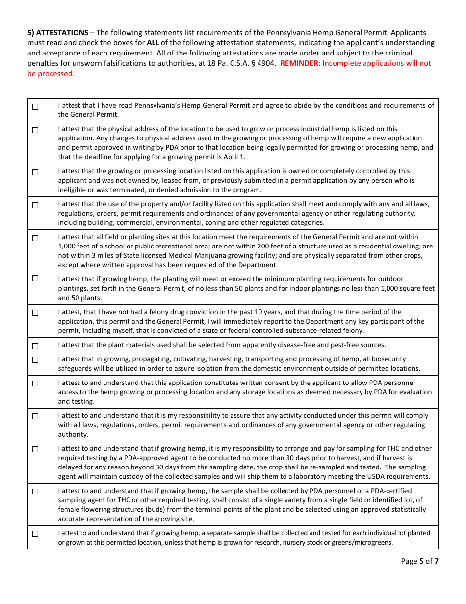 Hemp Growing  Processing Permit Application  Renewal Form - Pennsylvania, Page 5