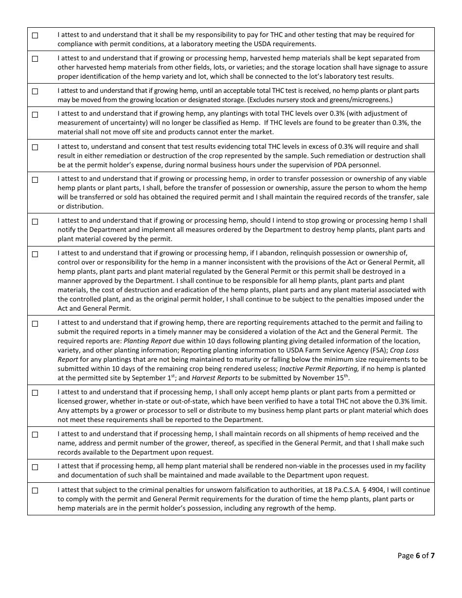Hemp Growing  Processing Permit Application  Renewal Form - Pennsylvania, Page 6
