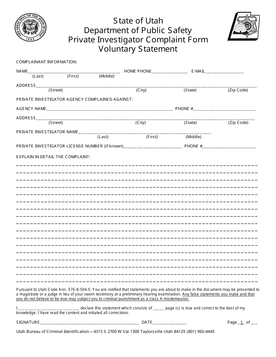 Private Investigator Complaint Form Voluntary Statement - Utah, Page 1