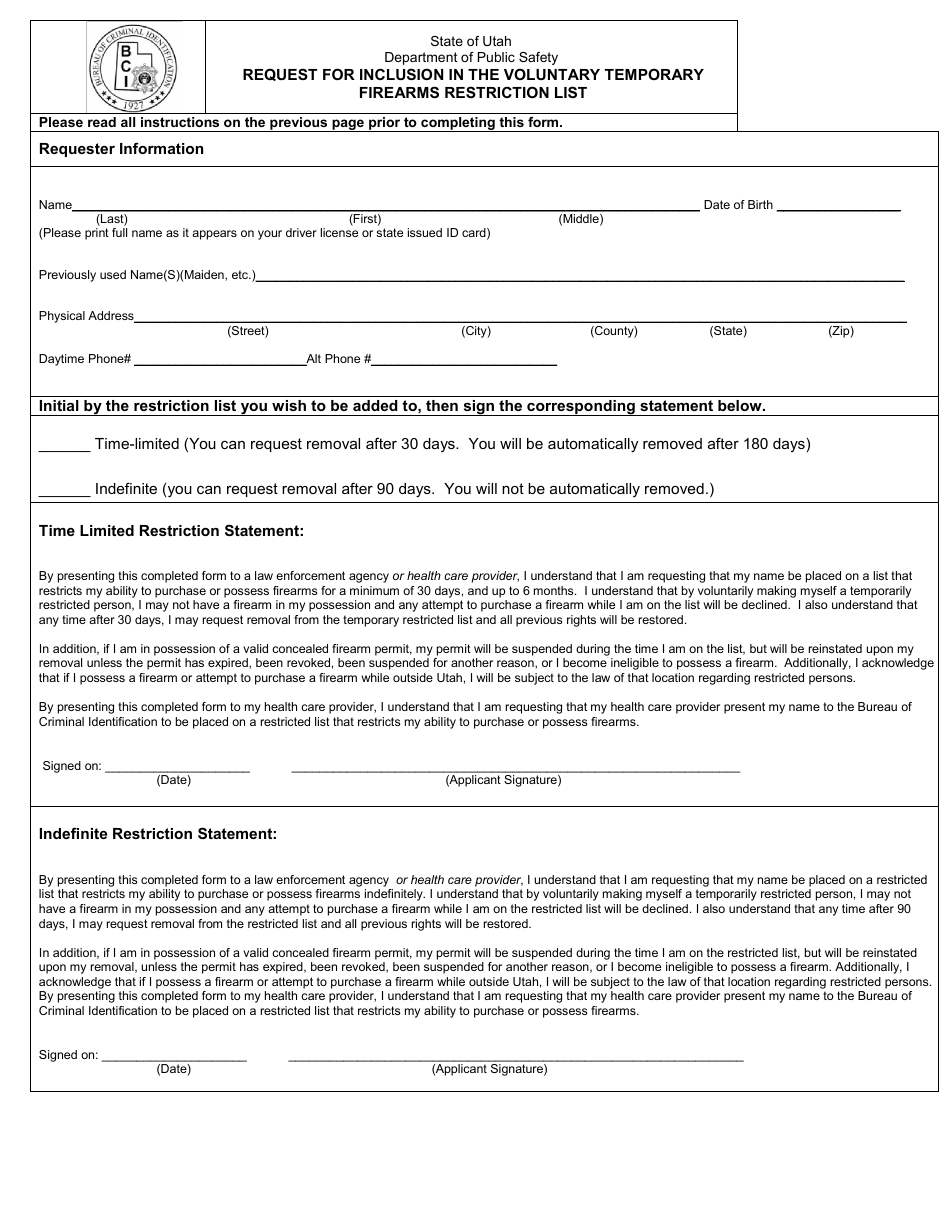 Request for Inclusion in the Voluntary Temporary Firearms Restriction List - Utah, Page 2