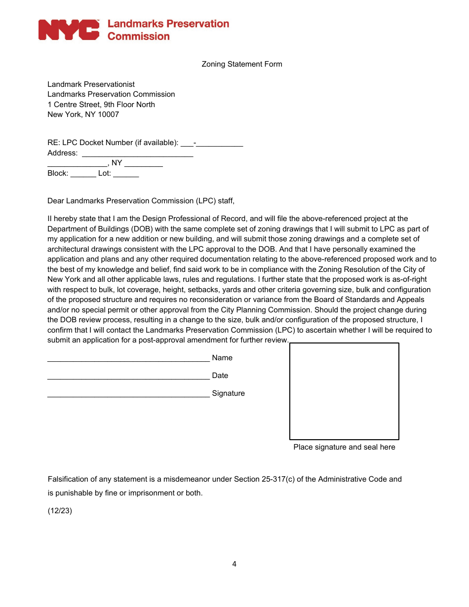 Zoning Statement Form - New York City, Page 1
