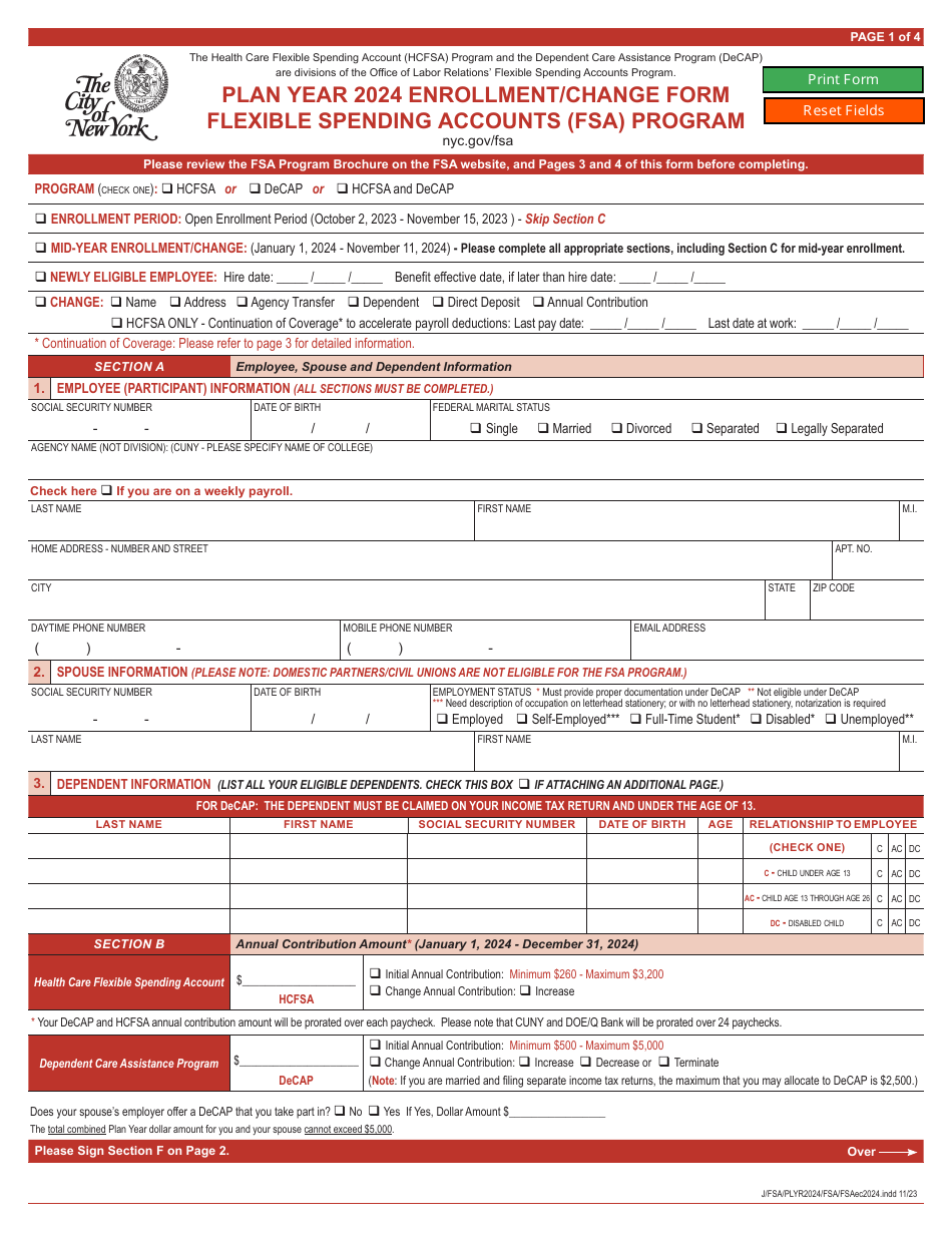 2024 New York City Enrollment/Change Form Flexible Spending Accounts