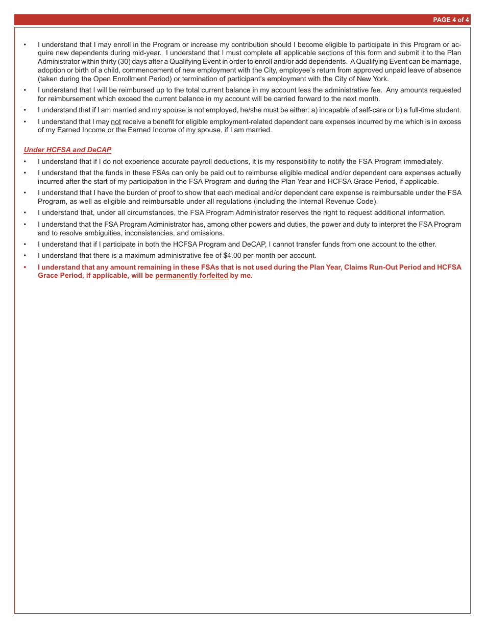 Enrollment / Change Form - Flexible Spending Accounts (FSA) Program - New York City, Page 4