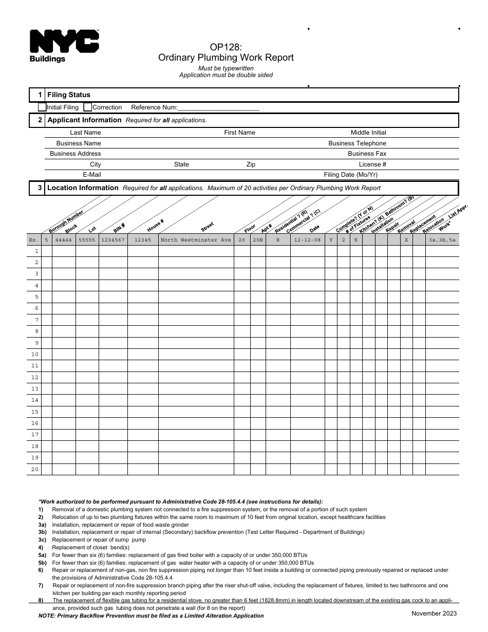 Form OP128 Download Fillable PDF or Fill Online Ordinary Plumbing Work ...