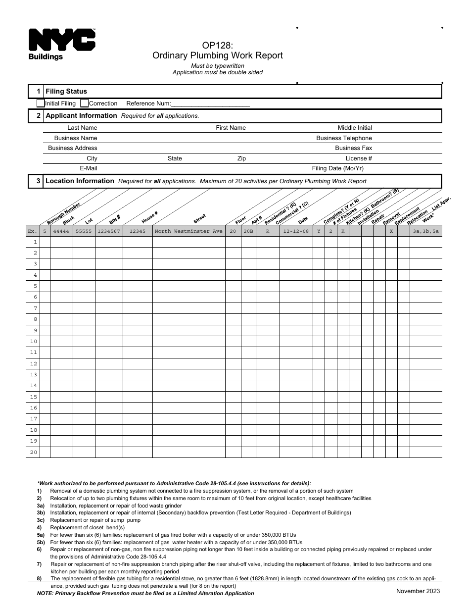 Form OP128 Ordinary Plumbing Work Report - New York City, Page 1