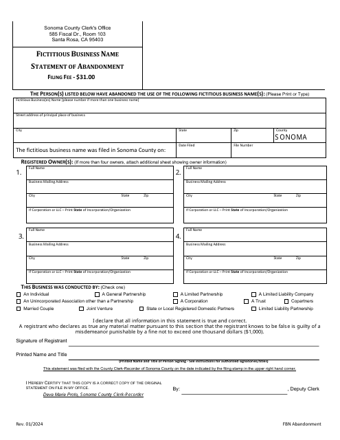 Fictitious Business Name Statement of Abandonment - County of Sonoma, California Download Pdf