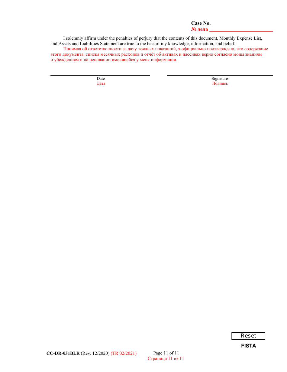 Form CC-DR-031BLR Financial Statement - Maryland (English / Russian), Page 11