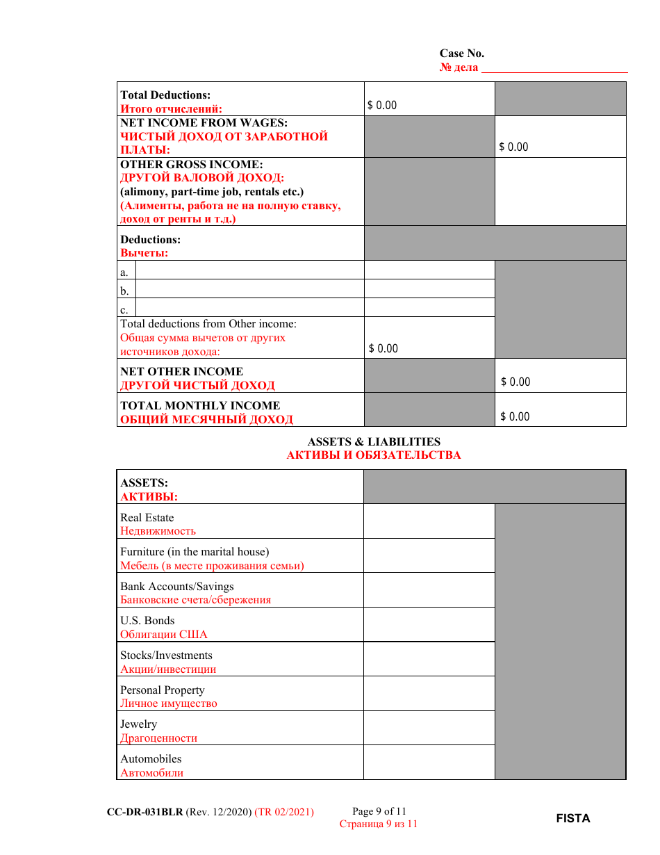Form CC-DR-031BLR Financial Statement - Maryland (English / Russian), Page 9