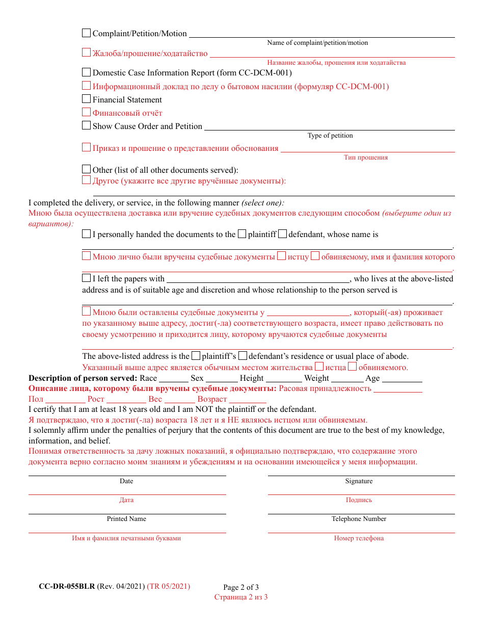 Form CC-DR-055BLR Affidavit of Service (Hand Delivery / Private Process) - Maryland (English / Russian), Page 2