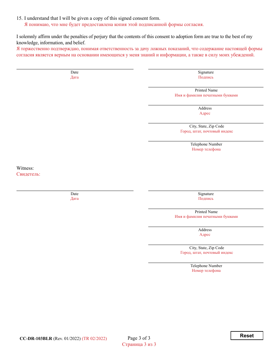Form CC-DR-103BLR Consent of Child to a Public Agency Adoption or Private Agency Adoption - Maryland (English / Russian), Page 3