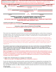 Document preview: Form CC-DR-102BLR Consent of Parent to an Independent Adoption Without Termination of Parental Rights - Maryland (English/Russian)
