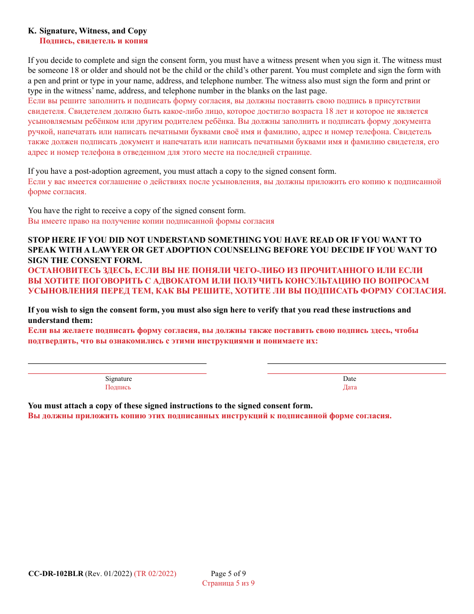 Form CC-DR-102BLR Consent of Parent to an Independent Adoption Without Termination of Parental Rights - Maryland (English / Russian), Page 5