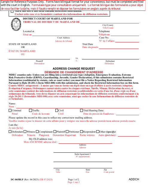 Form DC-065BLF Address Change Request - Maryland (English/French)