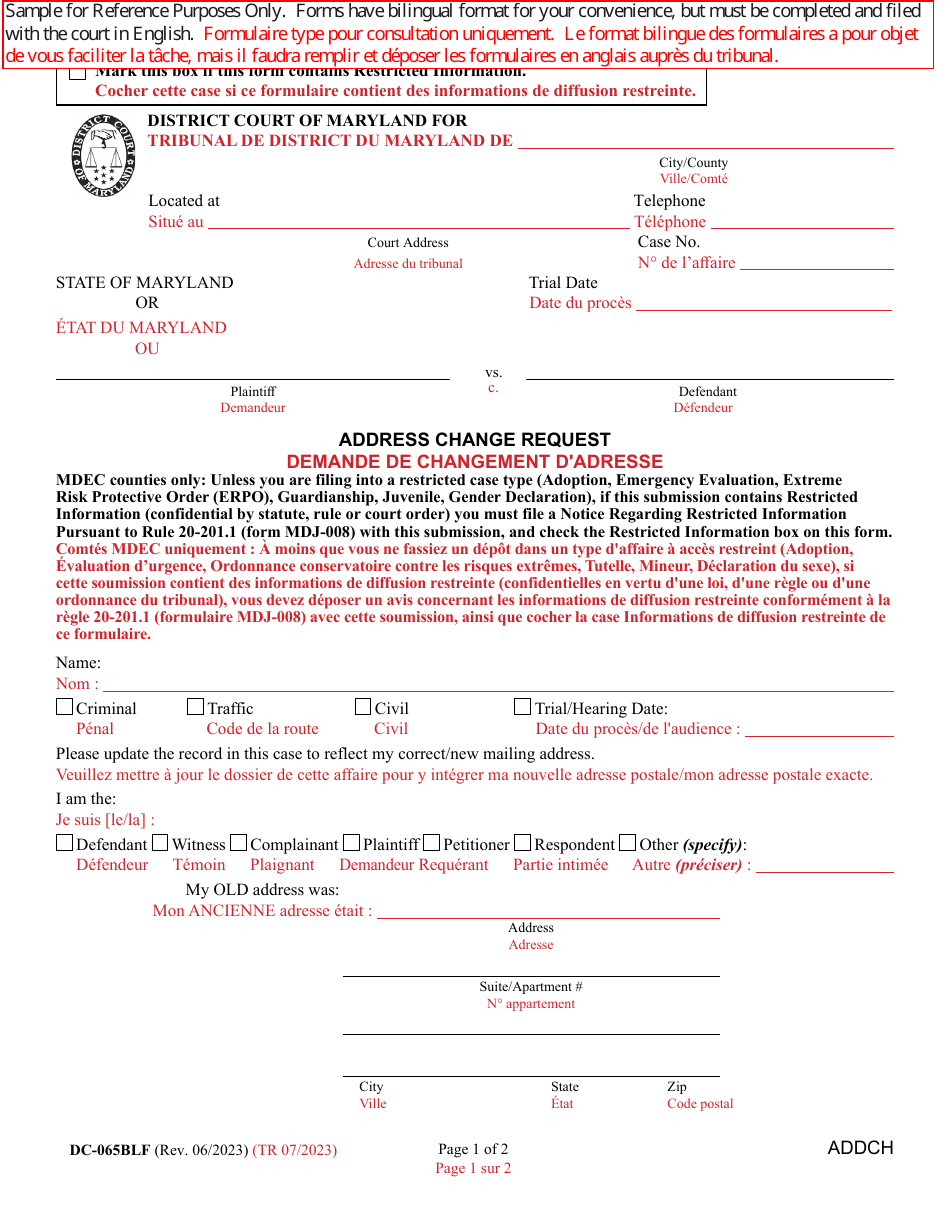Form DC-065BLF Address Change Request - Maryland (English / French), Page 1