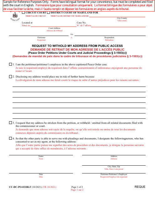 Form CC-DC-PO-021BLF Request to Withold My Address From Public Access - Maryland (English/French)