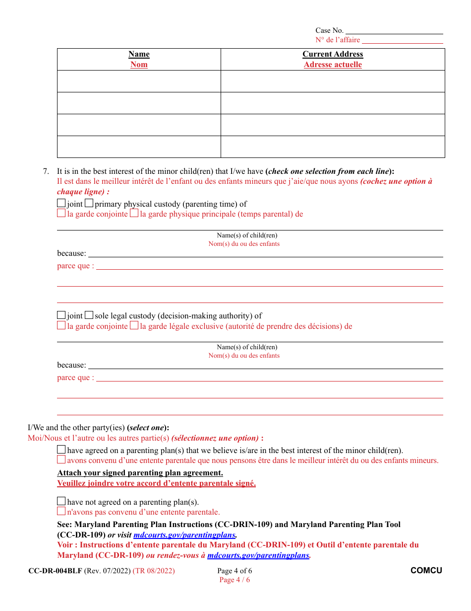 Form CC-DR-004BLF Complaint for Custody - Maryland (English / French), Page 4