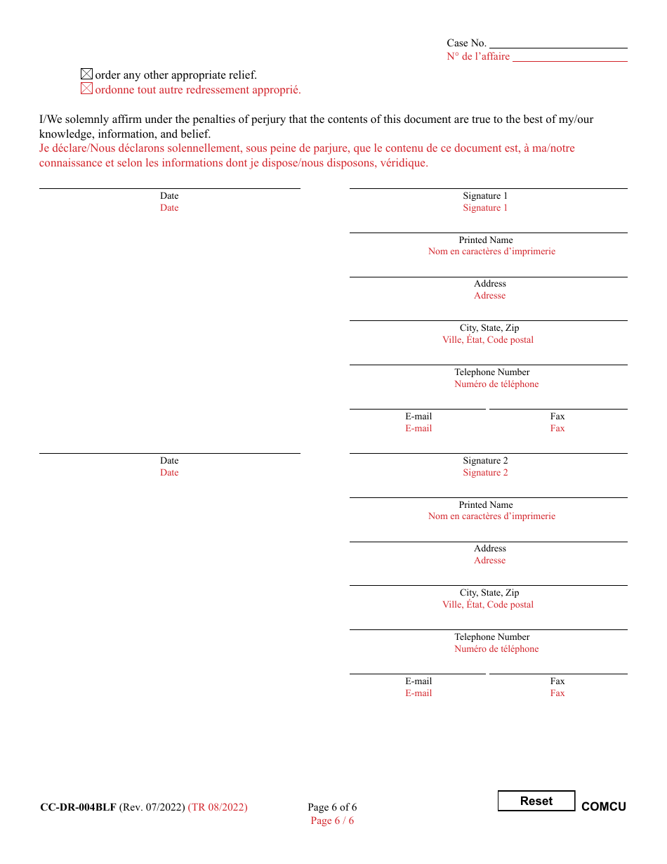 Form CC-DR-004BLF Complaint for Custody - Maryland (English / French), Page 6