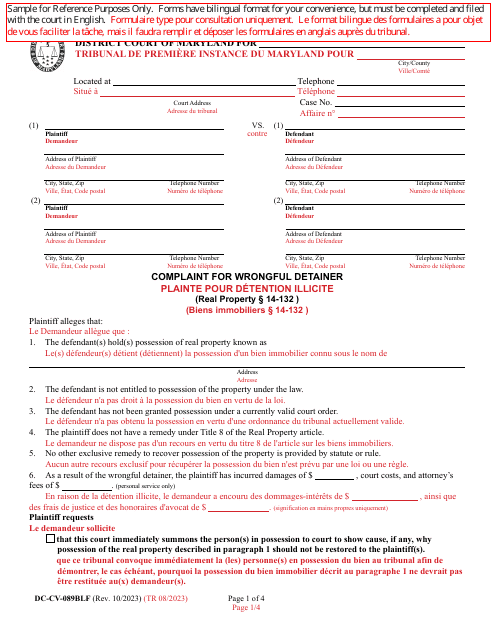 Form DC-CV-089BLF Complaint for Wrongful Detainer - Maryland (English/French)