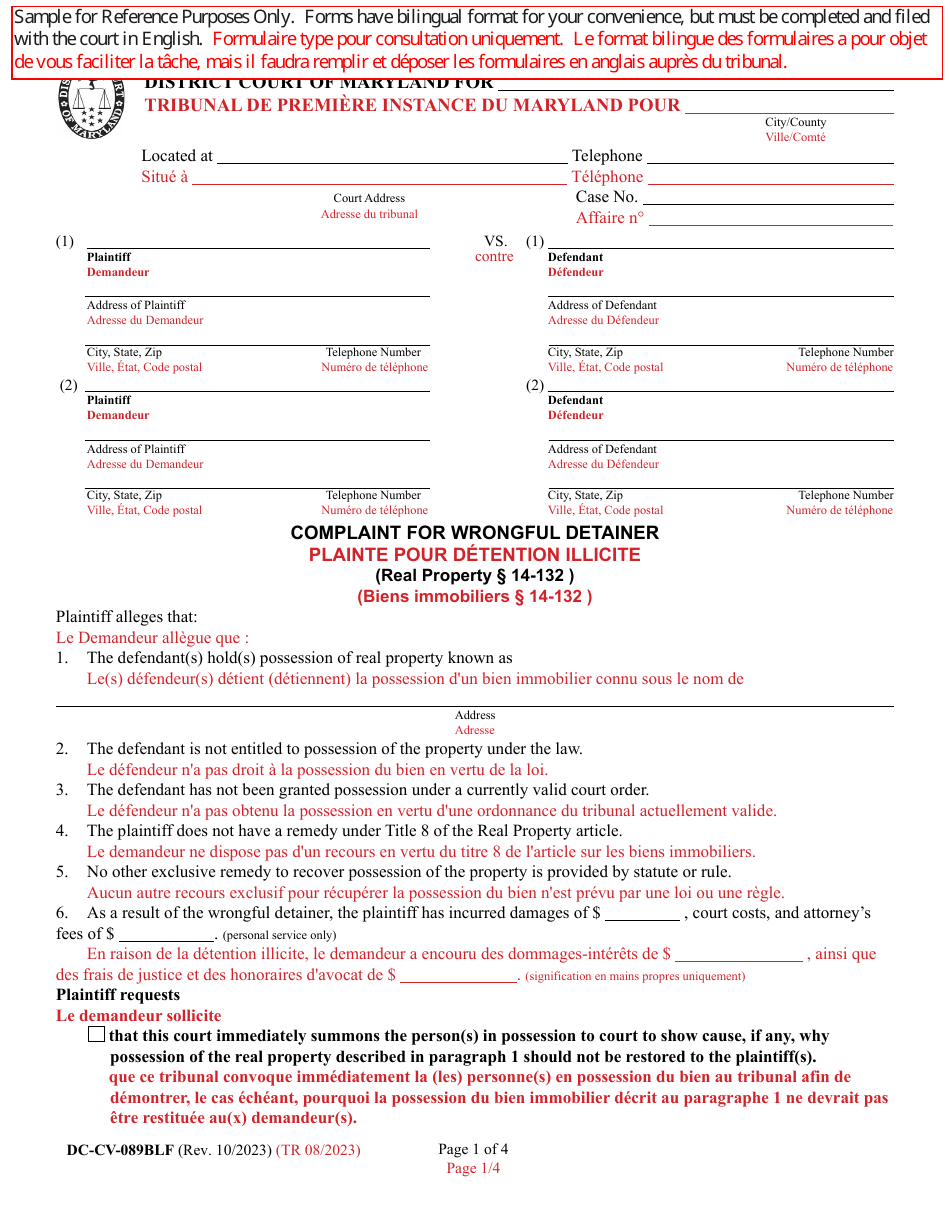 Form DC-CV-089BLF Complaint for Wrongful Detainer - Maryland (English / French), Page 1