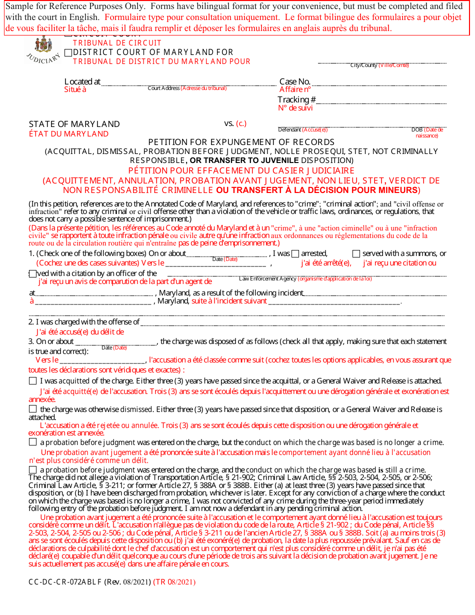 Form CC-DC-CR-072ABLF Petition for Expungement of Records (Acquittal, Dismissal, Probation Before Judgment, Nolle Prosequi, Stet, Not Criminally Responsible, or Transfer to Juvenile Disposition) - Maryland (English / French), Page 1