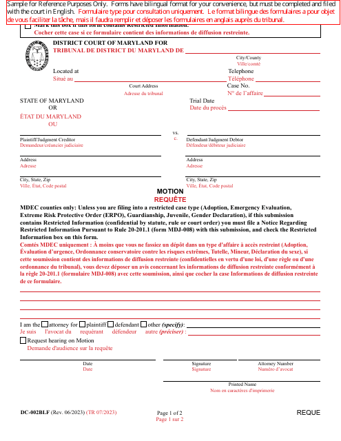 Form DC-002BLF Motion - Maryland (English/French)