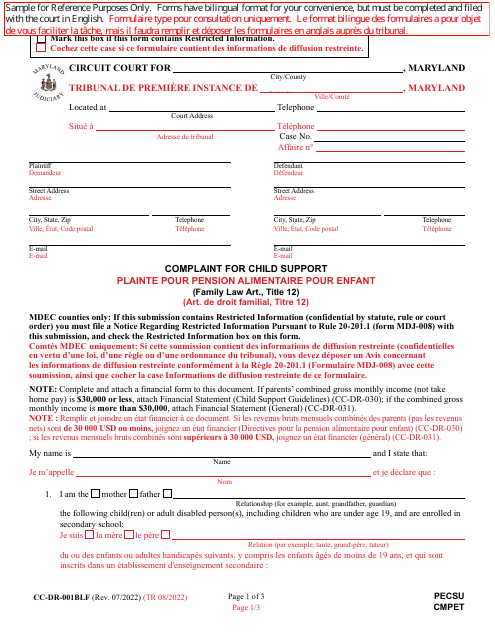 Form CC-DR-001BLF Complaint for Child Support - Maryland (English/French)
