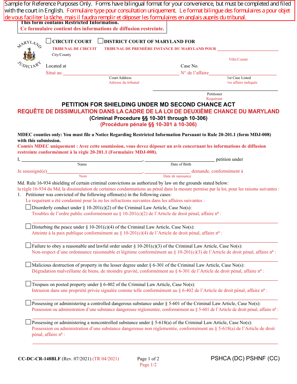 Form CC-DC-CR-148BLF Petition for Shielding Under Md Second Chance Act - Maryland (English / French), Page 1