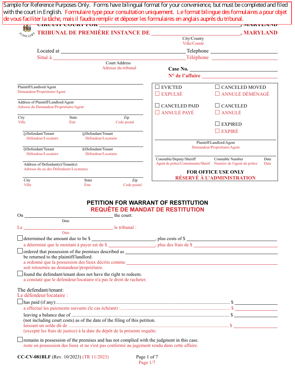 Form CC-CV-081BLF Petition for Warrant of Restitution - Maryland (English / French), Page 1
