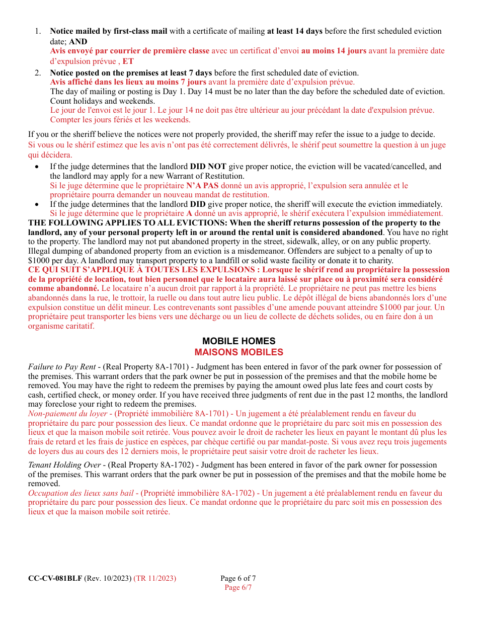 Form CC-CV-081BLF Petition for Warrant of Restitution - Maryland (English / French), Page 6