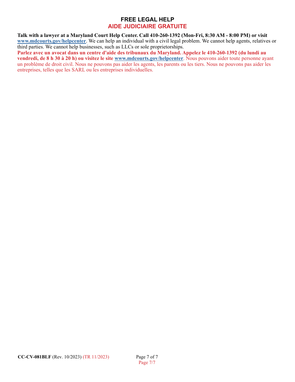 Form CC-CV-081BLF Petition for Warrant of Restitution - Maryland (English / French), Page 7