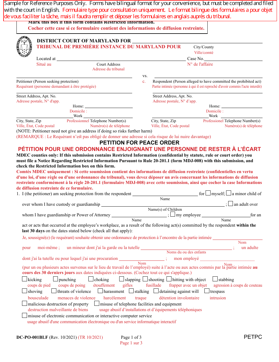 Form DC-PO-001BLF Petition for Peace Order - Maryland (English / French), Page 1