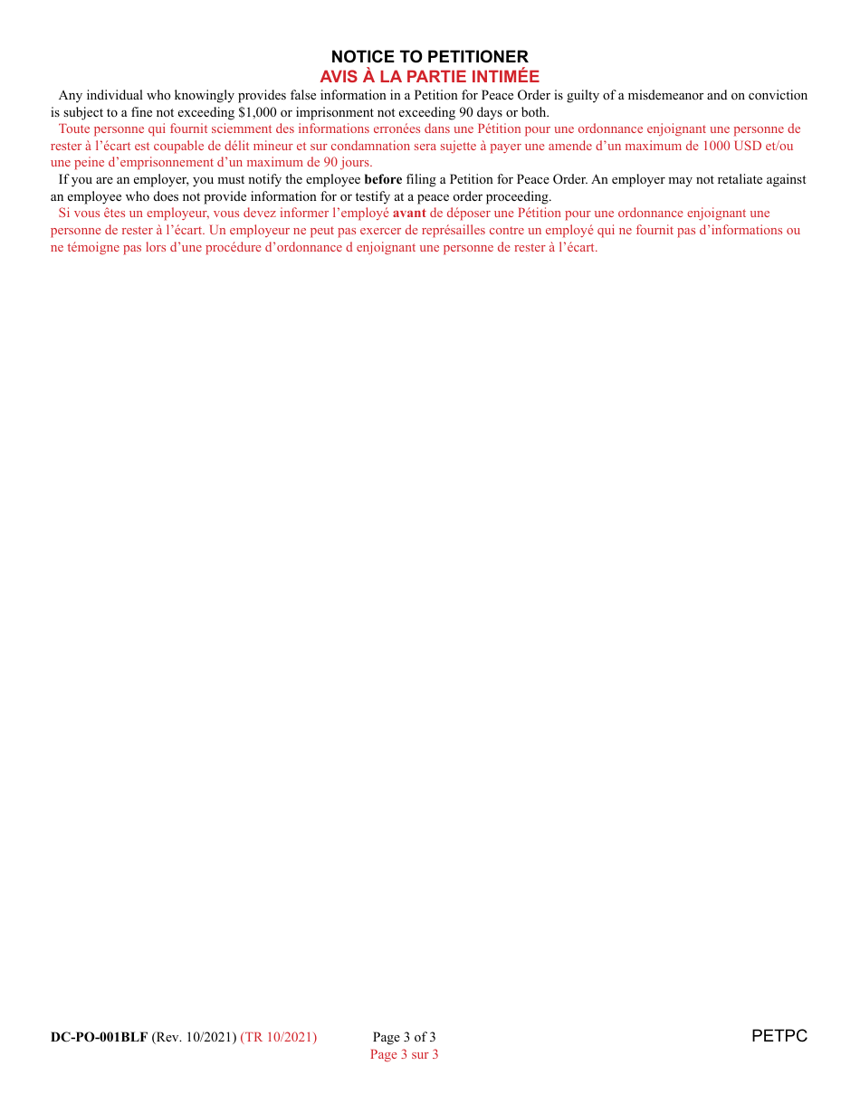 Form DC-PO-001BLF Petition for Peace Order - Maryland (English / French), Page 3
