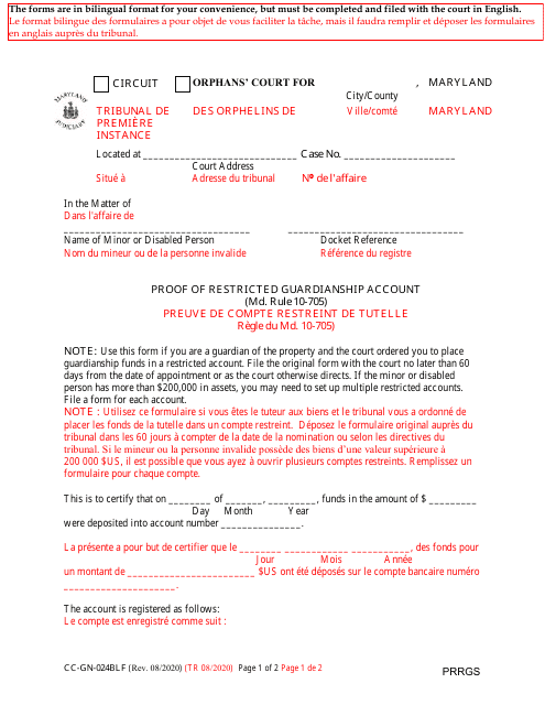 Form CC-GN-024BLF Proof of Restricted Guardianship Account - Maryland (English/French)