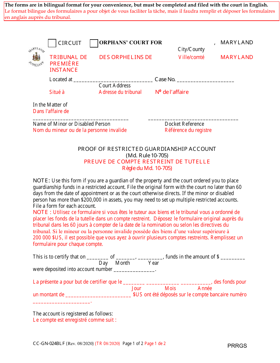 Form CC-GN-024BLF Proof of Restricted Guardianship Account - Maryland (English / French), Page 1