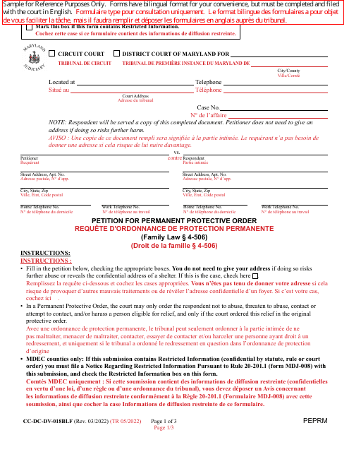 Form CC-DC-DV-018BLF Petition for Permanent Protective Order - Maryland (English/French)