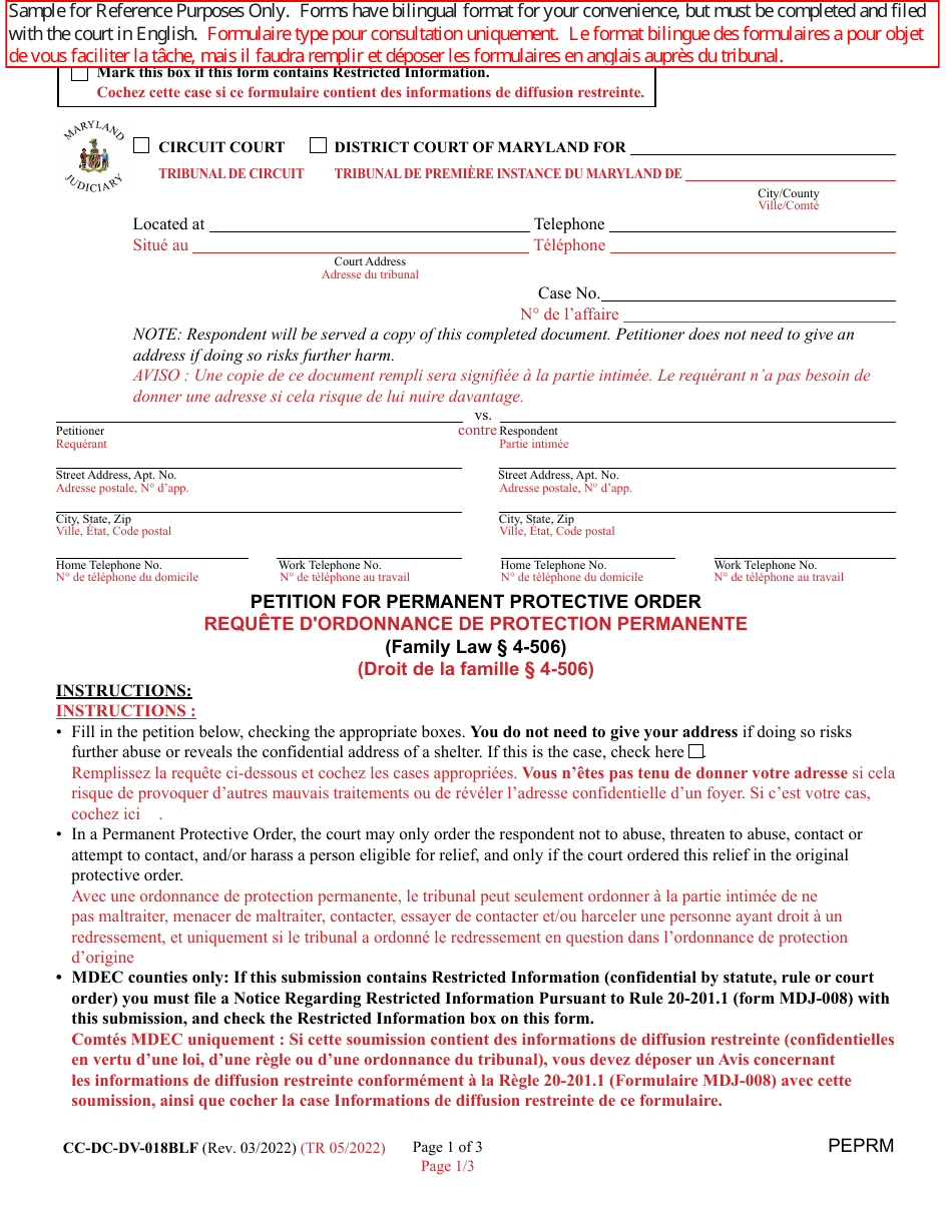 Form CC-DC-DV-018BLF Petition for Permanent Protective Order - Maryland (English / French), Page 1