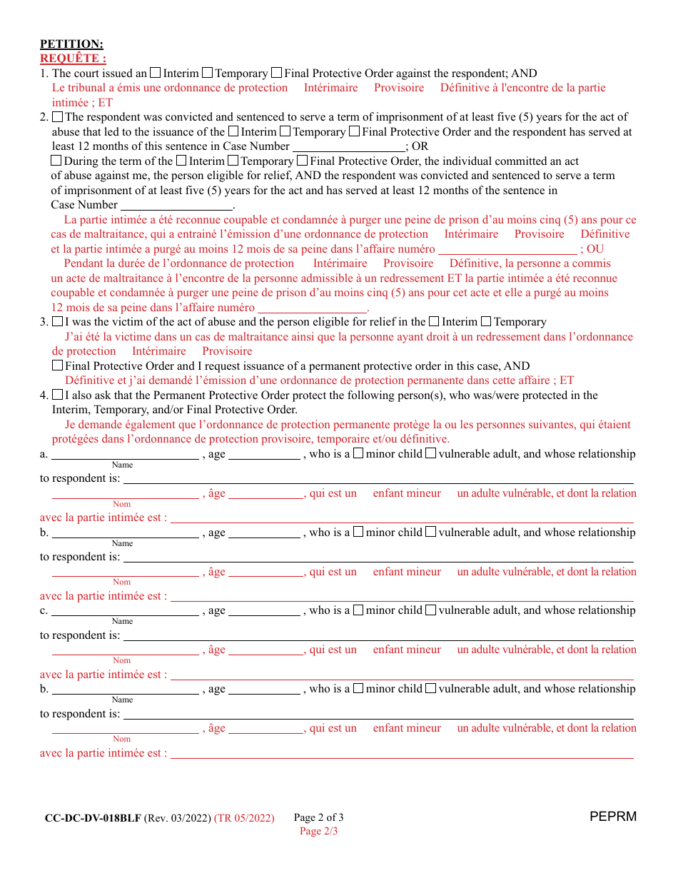 Form CC-DC-DV-018BLF Petition for Permanent Protective Order - Maryland (English / French), Page 2