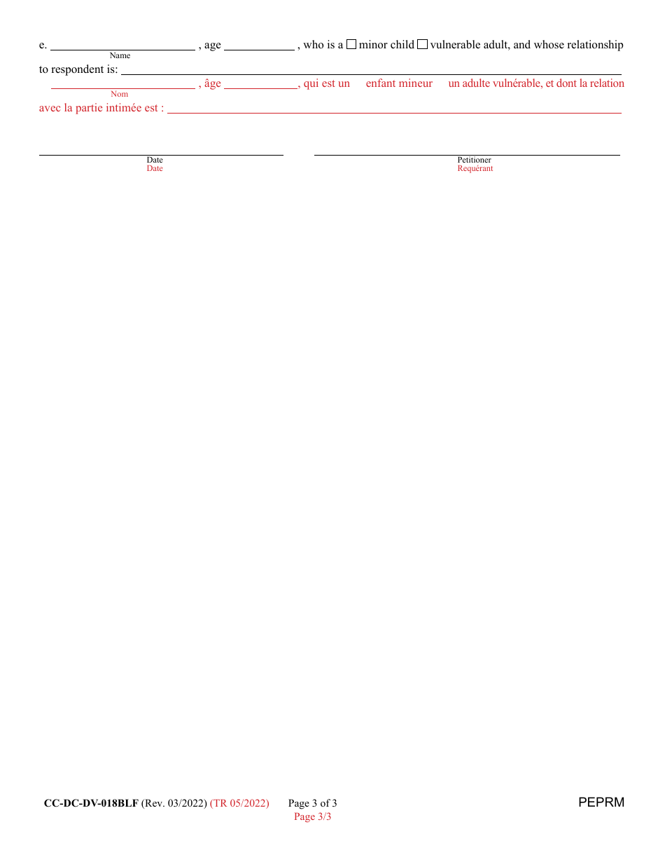 Form CC-DC-DV-018BLF Petition for Permanent Protective Order - Maryland (English / French), Page 3
